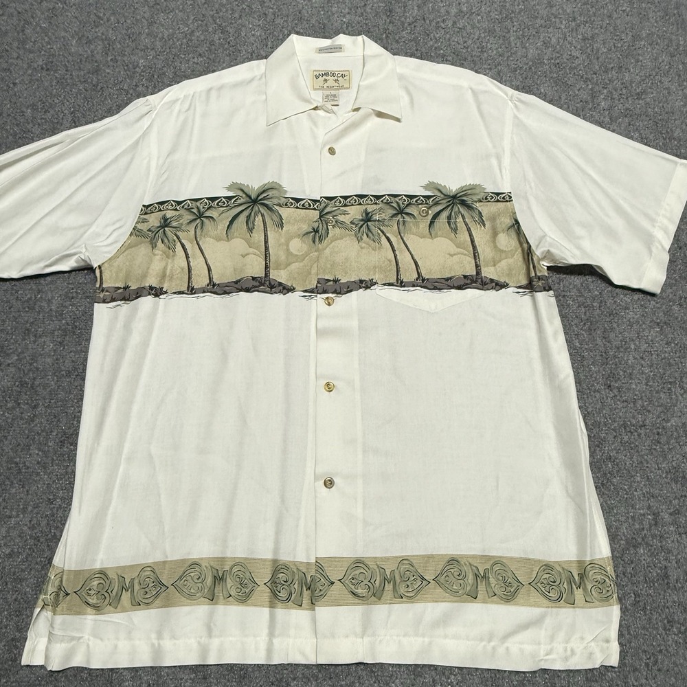 Bamboo Cay Shirt Mens L White Palm Trees Hawaiian Camp Tropical Beach 100% Rayon